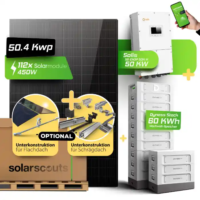 Finale Aktion Komplett-Set 50,4kWp JA Solar + 50kW Solis Hybrid + 61,44kWh Dyness