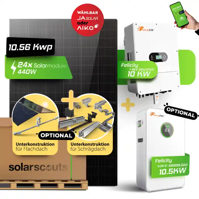 Bestpreis PV-Komplettset 10kWp Module wählbar + 10kW Felicity T-REX + Speicher optional