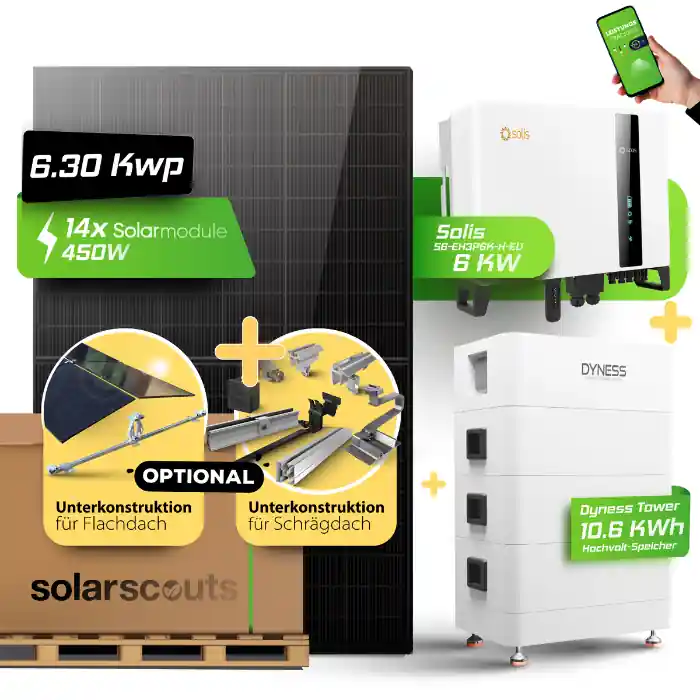 Komplett-Set 6,3kWp JA Solar + 6kW Solis Wechselrichter + 7,1kWh Dyness HV Speicher Highlight