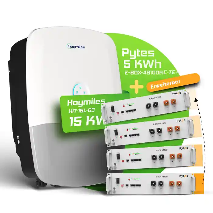 Hoymiles/Pytes Komplettset 15 kW Hybridwechselrichter (Hoymiles HIT-15L-G3) 5 kWh Batteriespeicher Pytes 48100R-C TE+ (erweiterbar) Zertifiziert