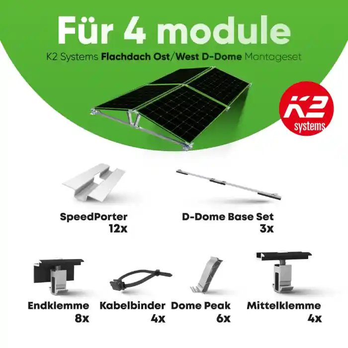 K2 Systems D-Dome 6.15 Classic - Flachdach Montageset für 4 Module (Ost/West) - 15° Neigung Expressversand