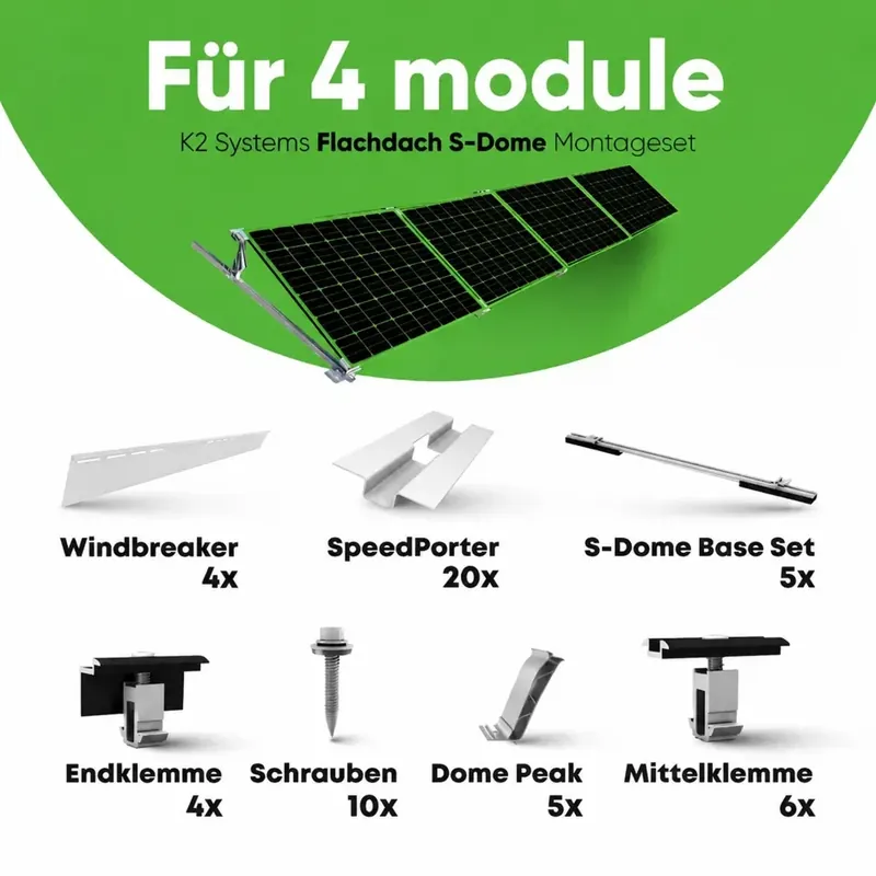 Günstig K2 Systems S-Dome 6.15 Classic - Flachdach Komplettset für 4 Module (Süd) - 15° Neigung