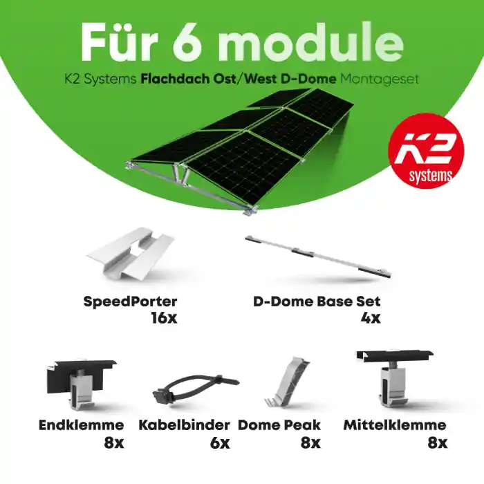 Begrenztes Angebot K2 Systems D-Dome 6.15 Classic - Flachdach Montageset für 6 Module (Ost/West) - 15° Neigung