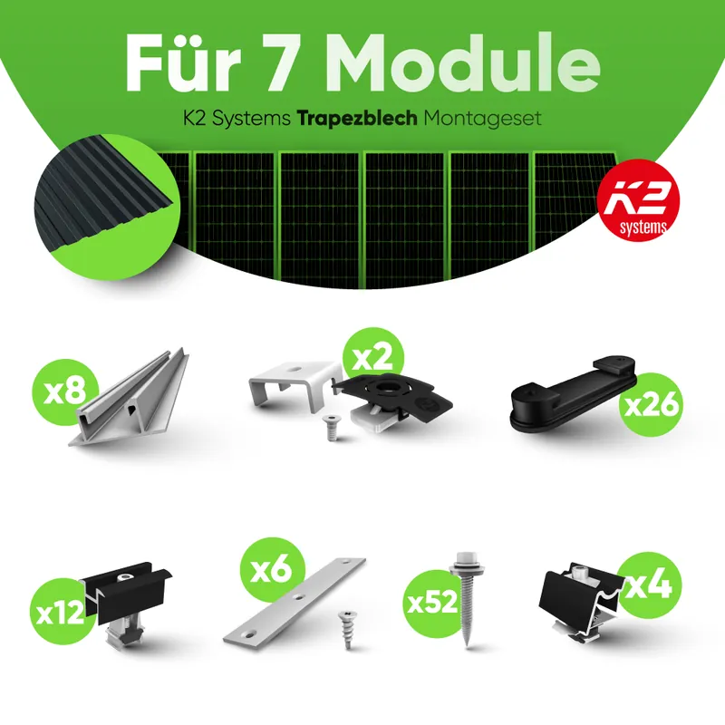 K2 Systems BasicRail Montageset für 7 Module auf Trapezblech (Hochkant / Vertikal) Preiswert