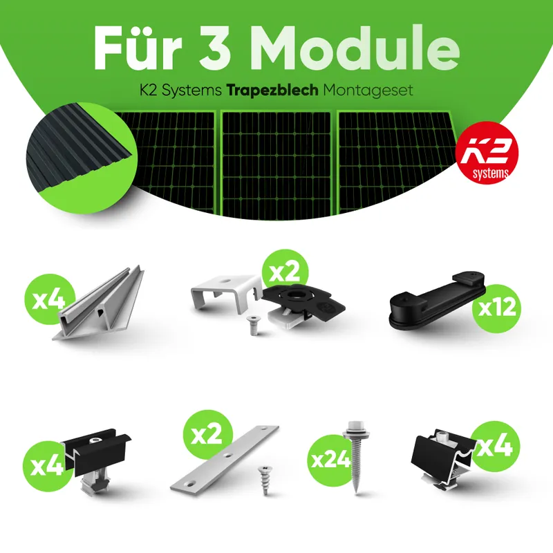 K2 Systems BasicRail Montageset für 3 Module auf Trapezblech (Hochkant / Vertikal) Versand Am Gleichen Tag