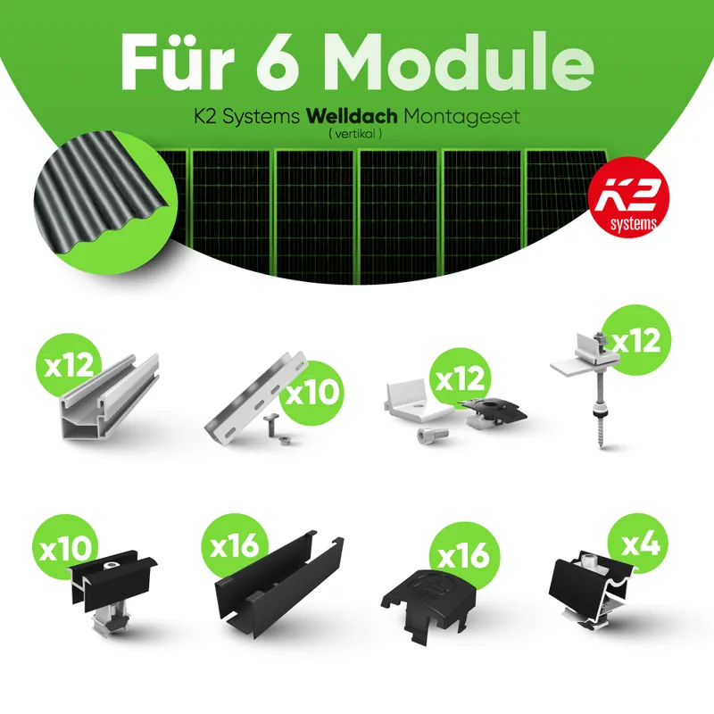Heißes Angebot K2 Systems SingleRail Welldach Montageset - für 6 Module (Vertikal / Hochformat)