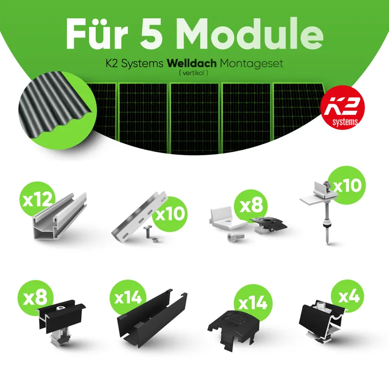 Abverkauf K2 Systems SingleRail Welldach Montageset - für 5 Module (Vertikal / Hochformat)