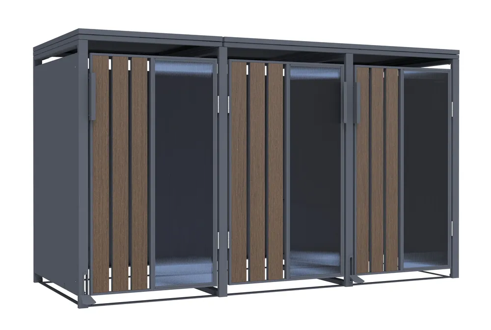 Mülltonnenbox Holzoptik mit Plexiglas für 3 Mülltonnen 240L 198x80x116cm Pedal Bestseller