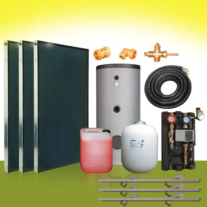 Top-Preis Solarpaket7 Flachkollektoren 6,09m² 400 l Solarspeicher Solar 10m Solarleitung