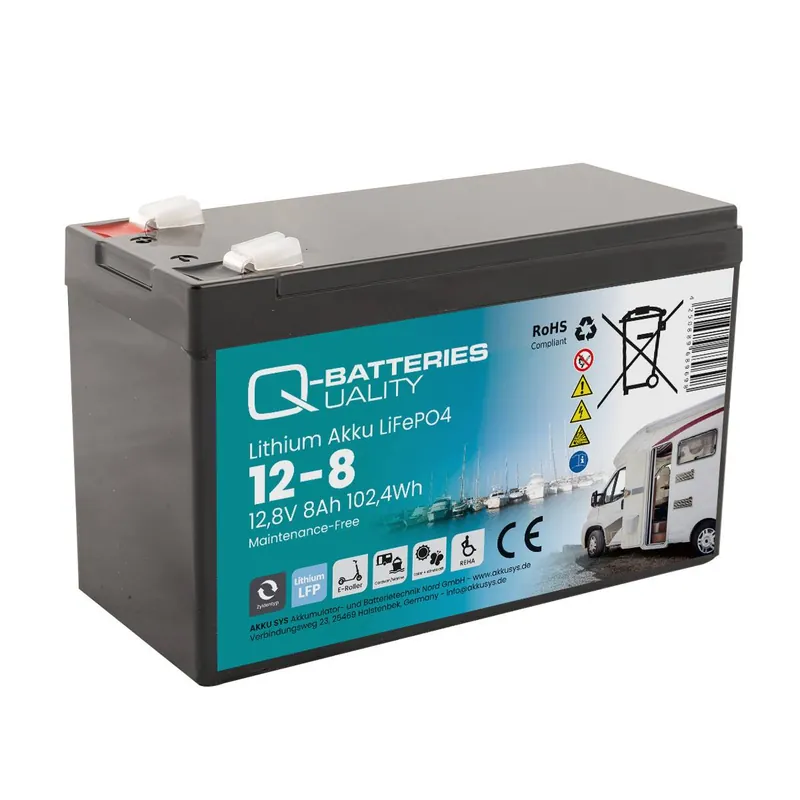 Q-Batteries Lithium Akku 12-8 12,8V 8Ah 102,4Wh LiFePO4 Batterie Neu Im Sortiment