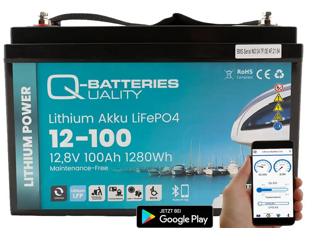 Schneller Versand Q-Batteries Lithium Akku 12-100 12,8V 100Ah 1280Wh LiFePO4 Batterie mit Bluetooth Heizung