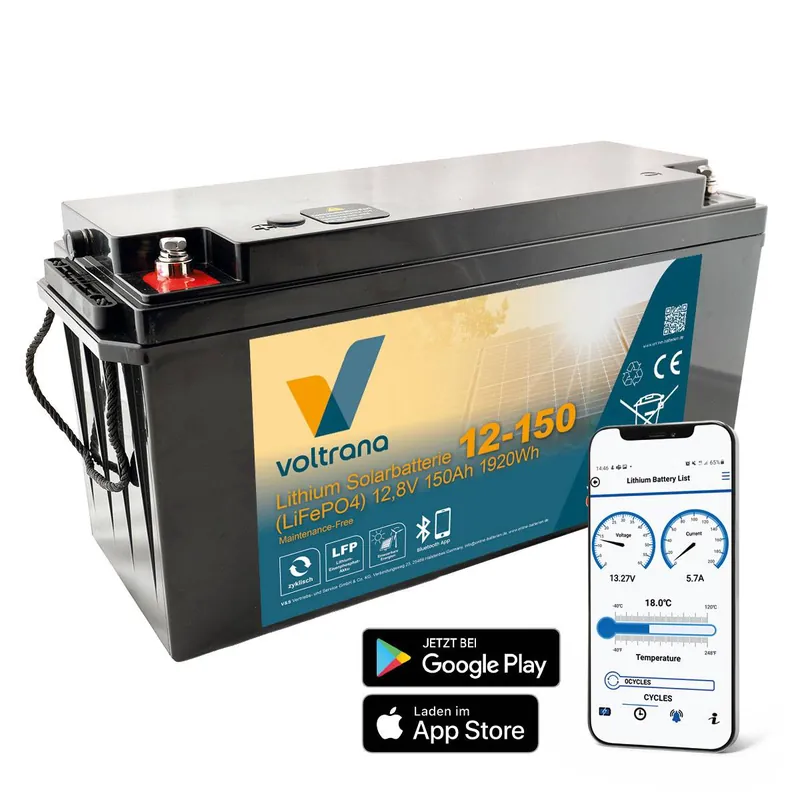 Lithium Solarbatterie 12,8V 150Ah 1920Wh M8 mit Bluetooth Heizung – Voltrana LiFePO4 Versorgungsbatterie Jetzt Bestellen
