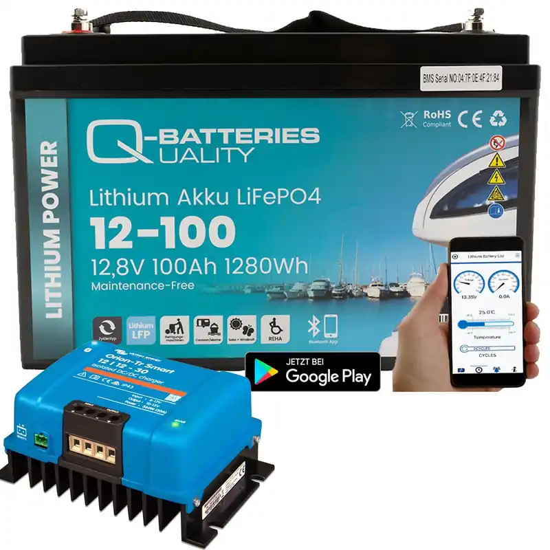 Q-Batteries Lithium Akku 12-100 12,8V 100Ah 1280Wh LiFePO4 Batterie mit Victron Orion Ladegerät Direktkauf