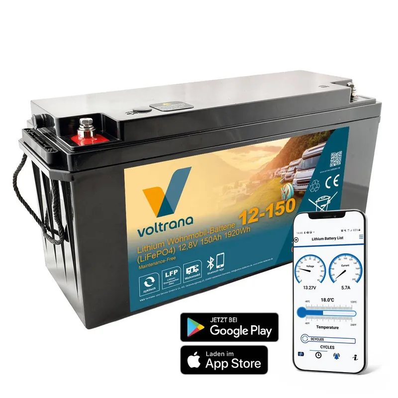 Lithium Wohnmobil-Batterie 12,8V 150Ah 1920Wh M8 mit Bluetooth Heizung – Voltrana LiFePO4 Versorgungsbatterie Ausverkauf