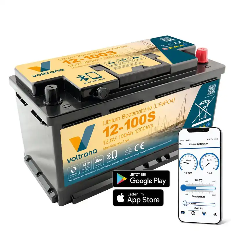 Lithium Bootsbatterie 12,8V 100Ah 1280Wh AP mit Bluetooth Heizung – Voltrana LiFePO4 Versorgungsbatterie Sofort Bestellen