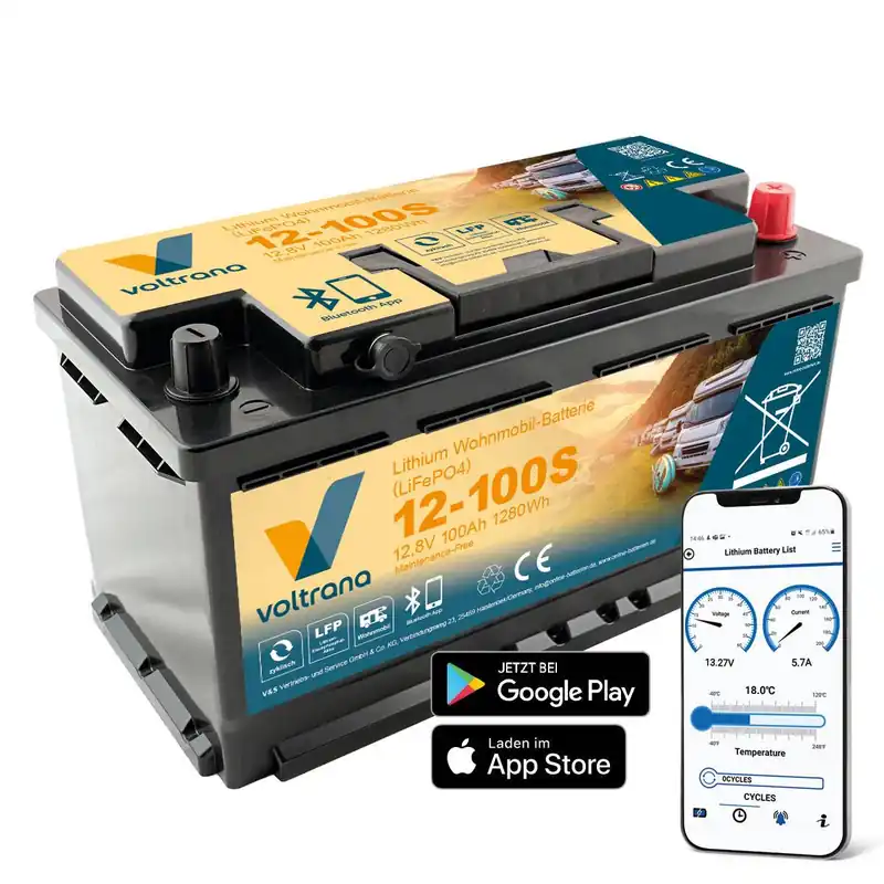 Sofort Bestellen Lithium Wohnmobil-Batterie 12,8V 100Ah 1280Wh AP mit Bluetooth Heizung – Voltrana LiFePO4 Versorgungsbatterie