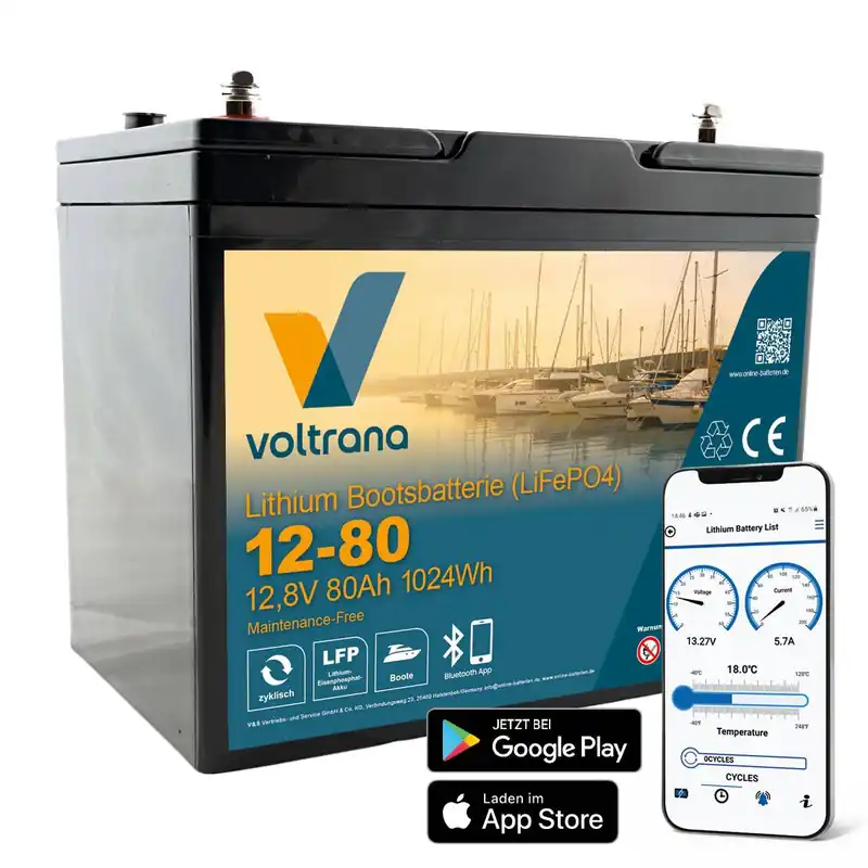Preiswert Lithium Bootsbatterie 12,8V 80Ah 1024Wh M8 mit Bluetooth – Voltrana LiFePO4 Versorgungsbatterie