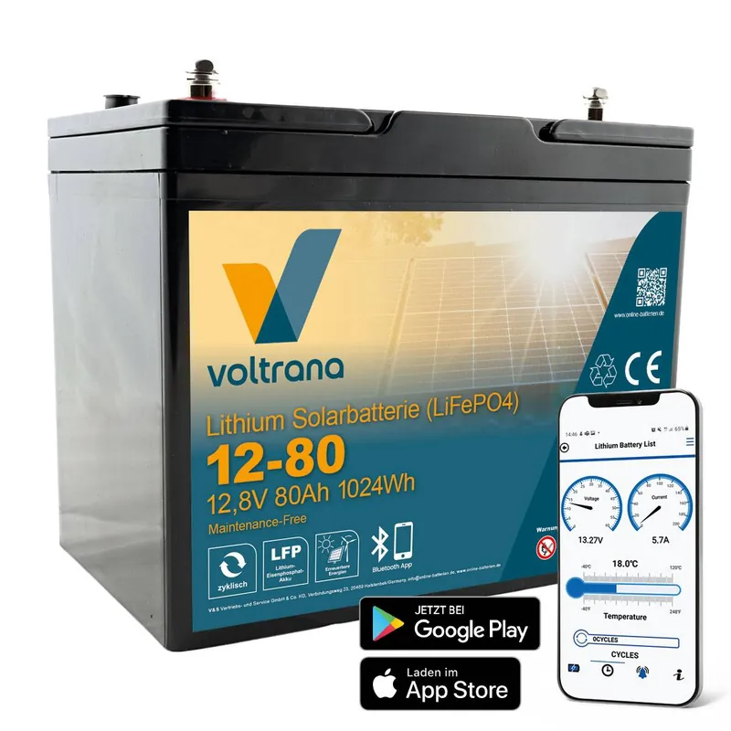 Lithium Solarbatterie 12,8V 80Ah 1024Wh M8 mit Bluetooth – Voltrana LiFePO4 Versorgungsbatterie Sale