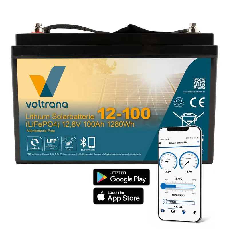 Sale Lithium Solarbatterie 12,8V 100Ah 1280Wh M8 mit Bluetooth Heizung – Voltrana LiFePO4 Versorgungsbatterie