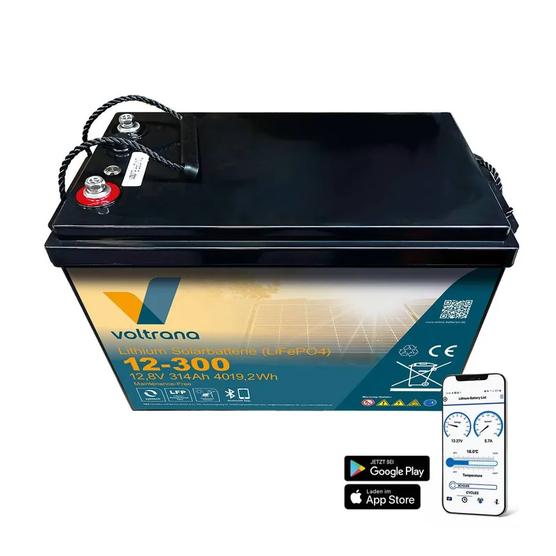 Begrenztes Angebot Lithium Solarbatterie 12,8V 314Ah 4019Wh M8 mit Bluetooth Heizung – Voltrana LiFePO4 Versorgungsbatterie