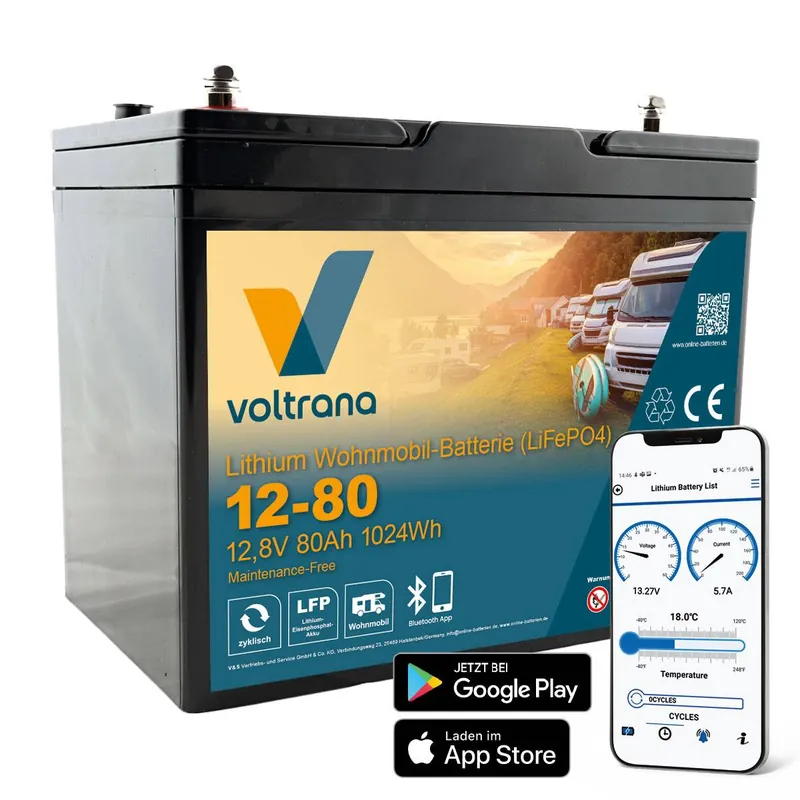 Lithium Wohnmobil-Batterie 12,8V 80Ah 1024Wh M8 mit Bluetooth – Voltrana LiFePO4 Versorgungsbatterie Sonderaktion