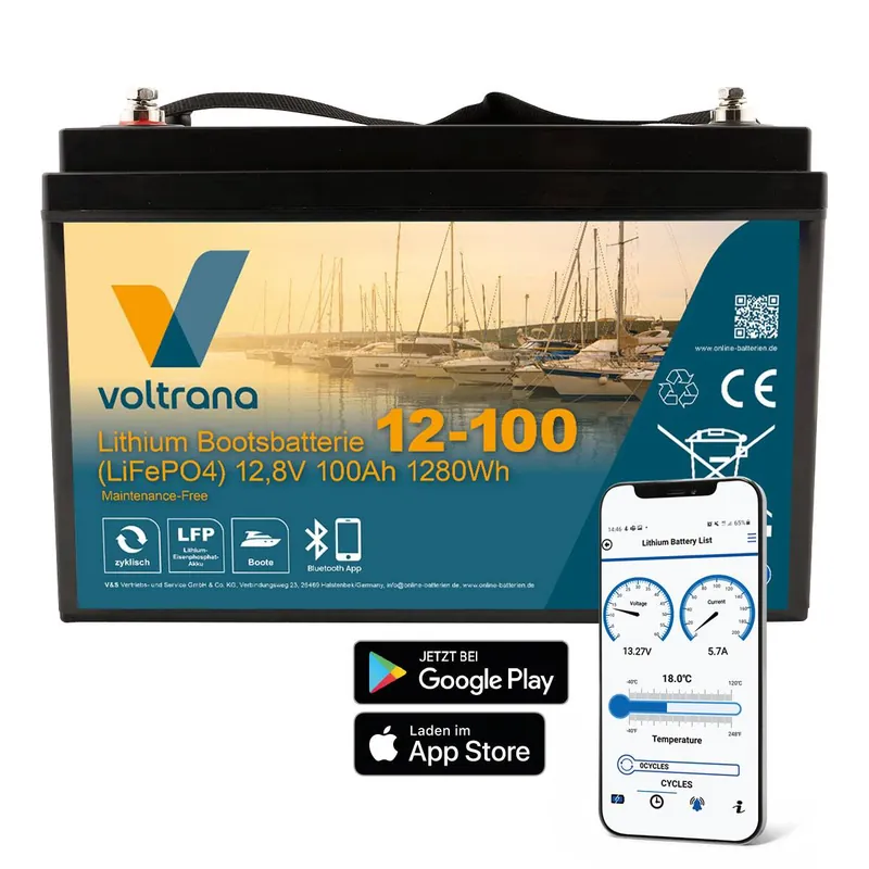 Geprüft Lithium Bootsbatterie 12,8V 100Ah 1280Wh M8 mit Bluetooth Heizung – Voltrana LiFePO4 Versorgungsbatterie