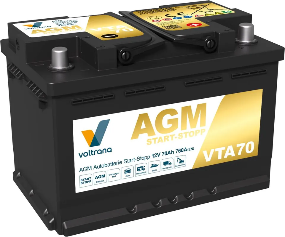 Voltrana AGM Autobatterie Start-Stopp 70Ah 12V 760A VTA70 H6/LN3/L3 Geprüft