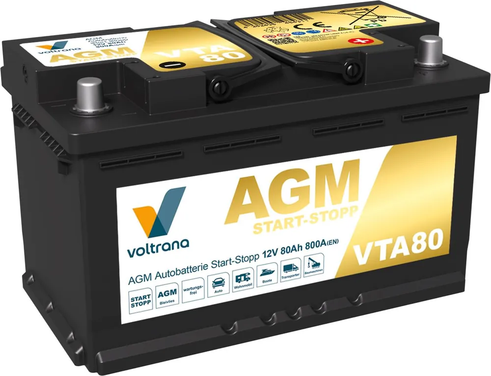 Voltrana AGM Autobatterie Start-Stopp 80Ah 12V 800A VTA80 H7/LN4/L4 Neuheit