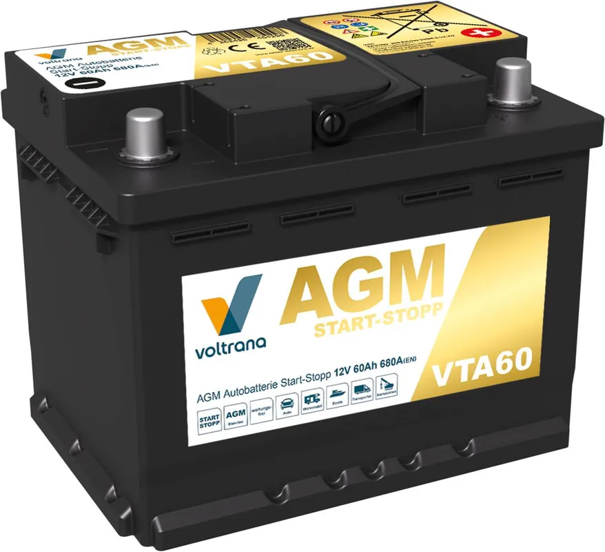 Top-Angebot Voltrana AGM Autobatterie Start-Stopp 60Ah 12V 680A VTA60 H5/LN2/L2