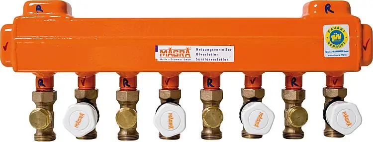 Magra-Doppelkammerverteiler 60/60 mit mont. Magra Ventilen für 11 Heizgruppen Markenprodukt