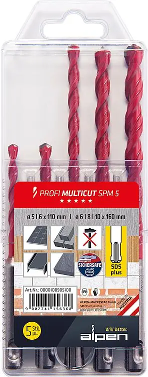 Mehrzweckbohrerset ALPEN® Profi Multicut, 5-teilig mit verk. SDS - Plus Schaft, in Kunststoffkassette Preisreduziert